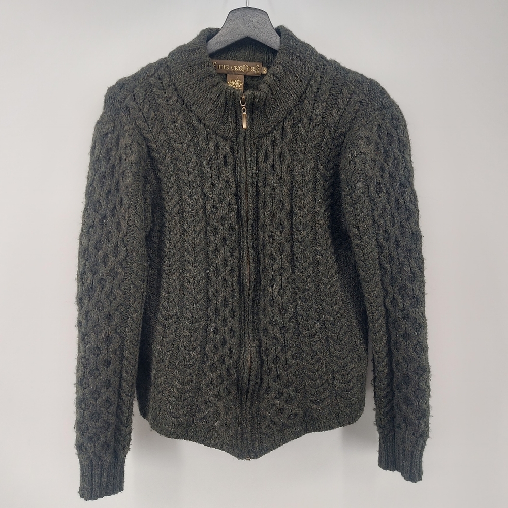 Inis Craft Wool Cableknit Cardigan Size Medium Green